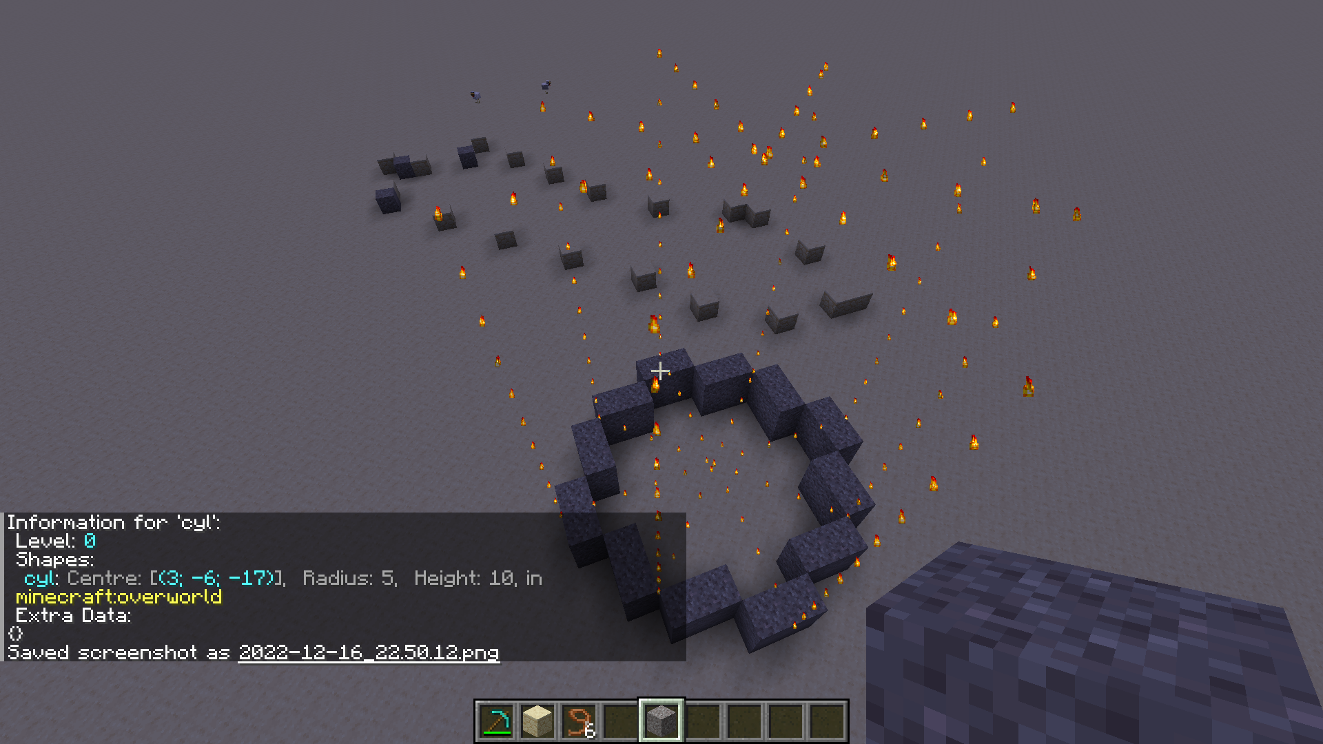 A cylindrical region in Minecraft visualised with particles.